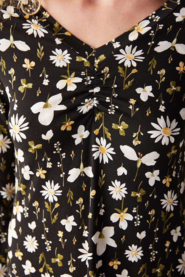 Blossom Printed Siyah Gecelik - 4