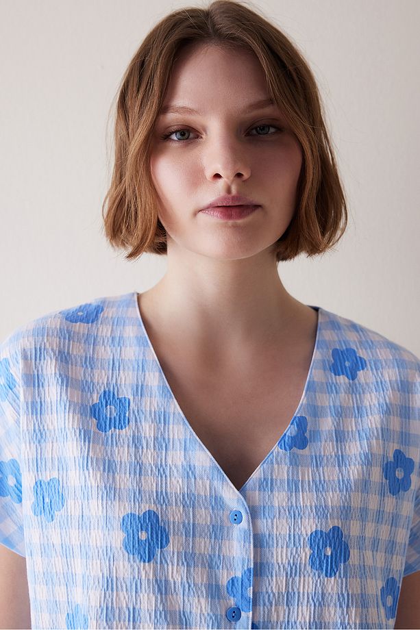 Base Gingham Düğmeli Gömlek Şort Pijama Takımı - 2