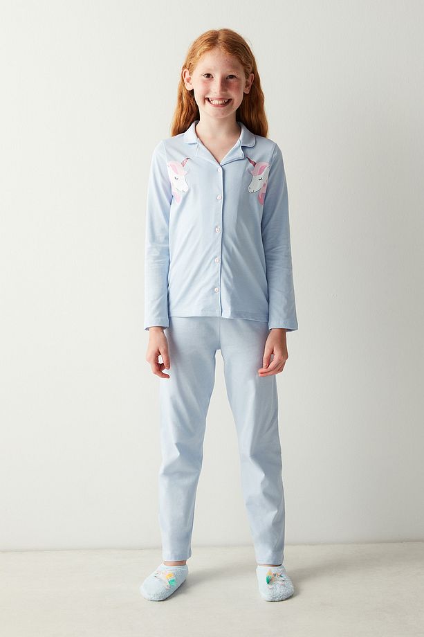 Kız Çocuk Unicorn Gömlek Mavi Pijama Takımı - 1