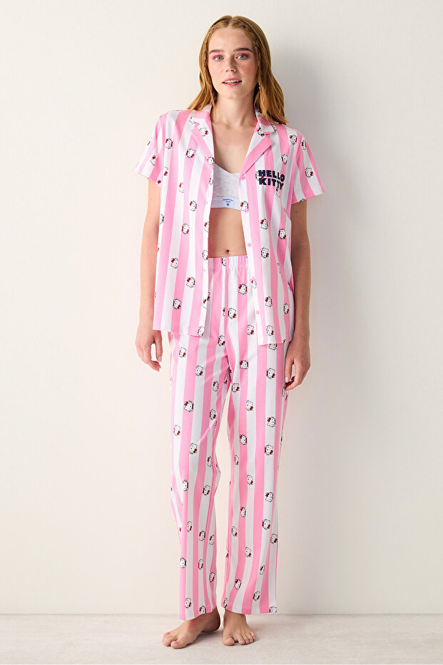 Cotton Sanrio Happy White Buttoned Shirt Pants Pajama Set