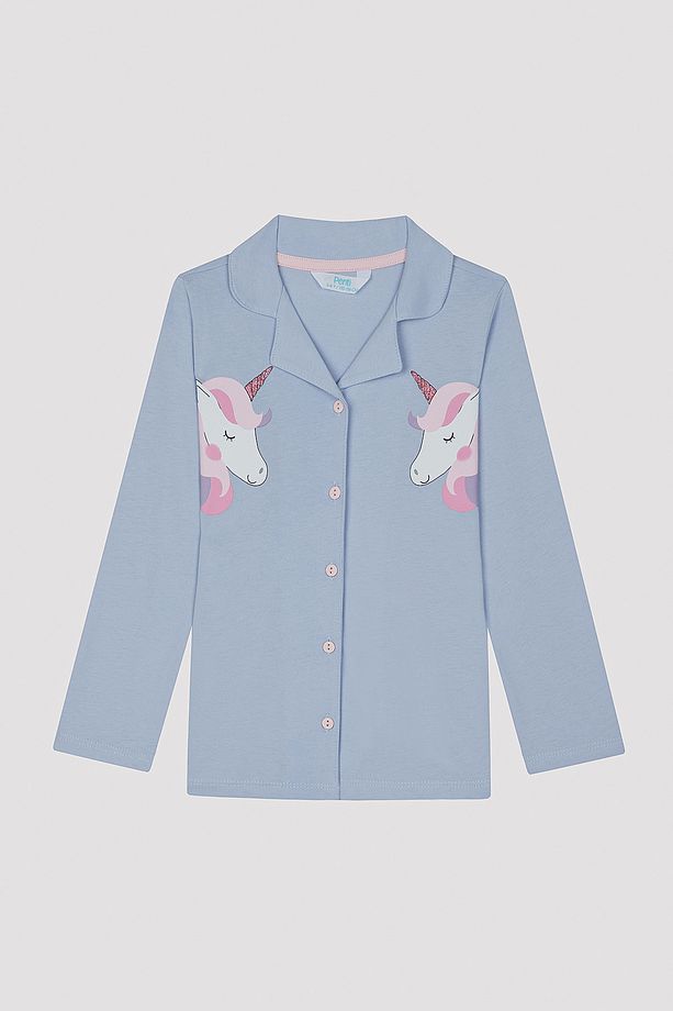 Kız Çocuk Unicorn Gömlek Mavi Pijama Takımı - 6