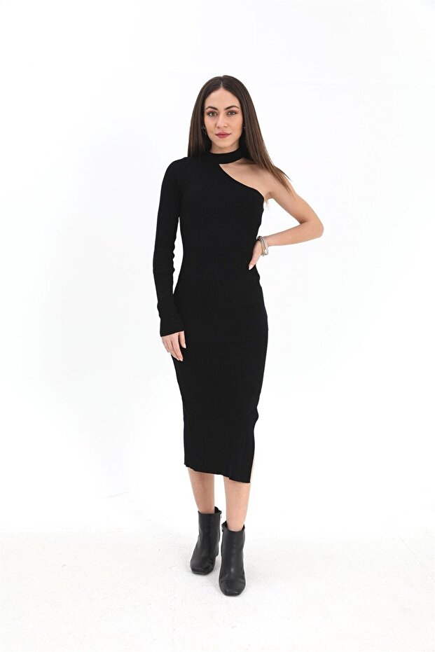 One-Shoulder Knitwear Dress - Black