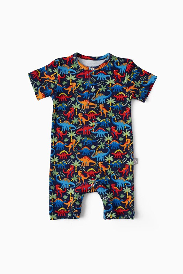 Short Sleeve Shorts Baby Jumpsuit Dinosaur Patterned Navy Blue