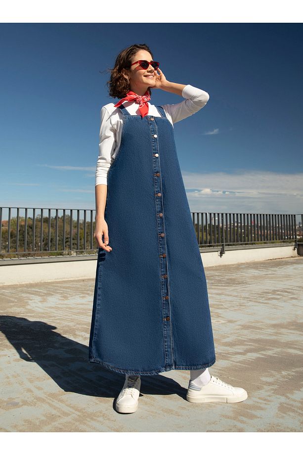 Pamuklu Denim Jile Elbise - Mavi - - 6