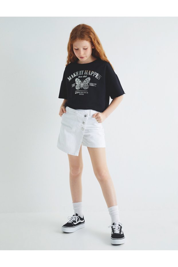 Denim Shorts Skirt Pocket Buttoned Double Breasted Cotton