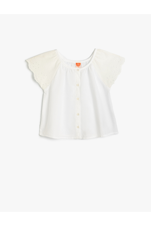 Blouse with Buttons and Lace Detail, Crew Neck, Cotton