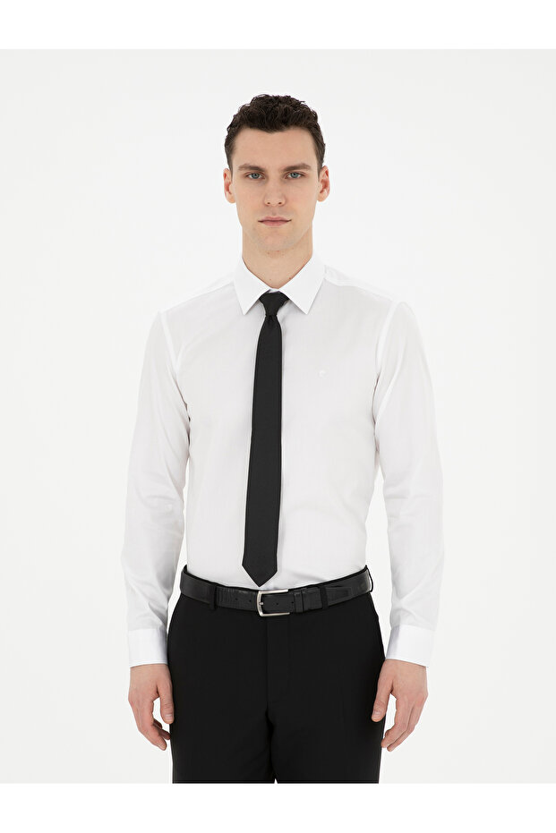 White Shiny Satin Slim Fit Long Sleeve Basic Shirt 50286102-Vr013