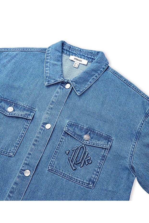 Monogram nakışlı denim gömlek - 4