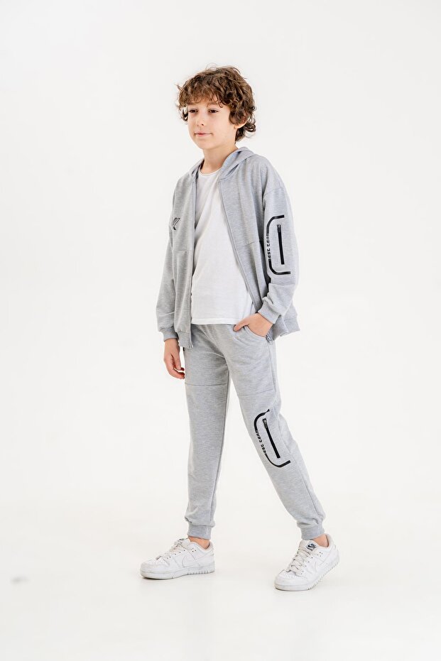 Best Team Printed Hooded Sleeve Leg Zipper Detailed Bottom Top Boy's Tracksuit Set