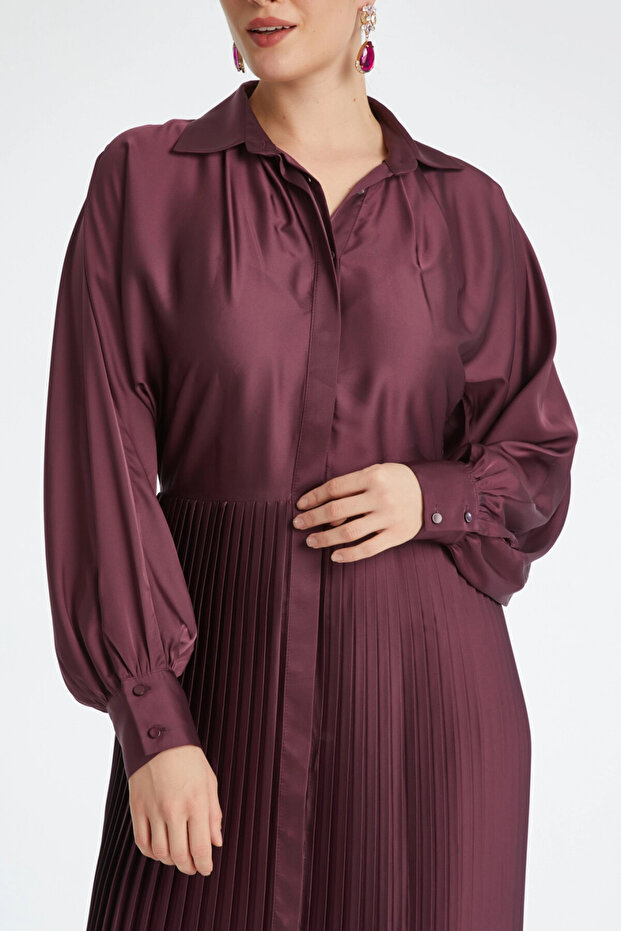 Saten Gömlek Yaka Piliseli Midi Boy Uzun Kollu ve Düğme Detaylı Mürdüm Elbise 37324 - 3