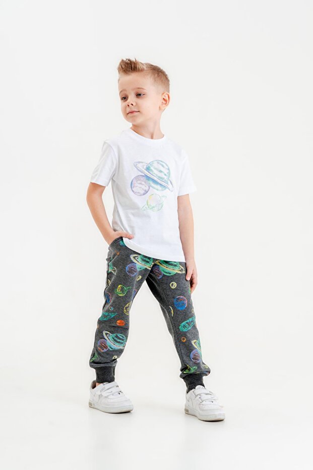 Planet Printed Boy's T-Shirt Top and Bottom Tracksuit Set