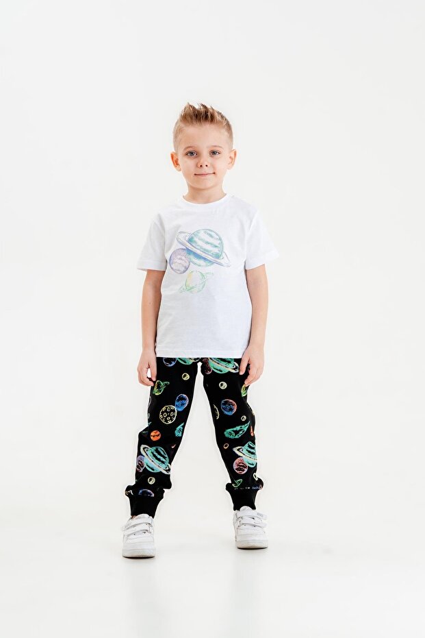 Planet Printed Boy's T-Shirt Top and Bottom Tracksuit Set