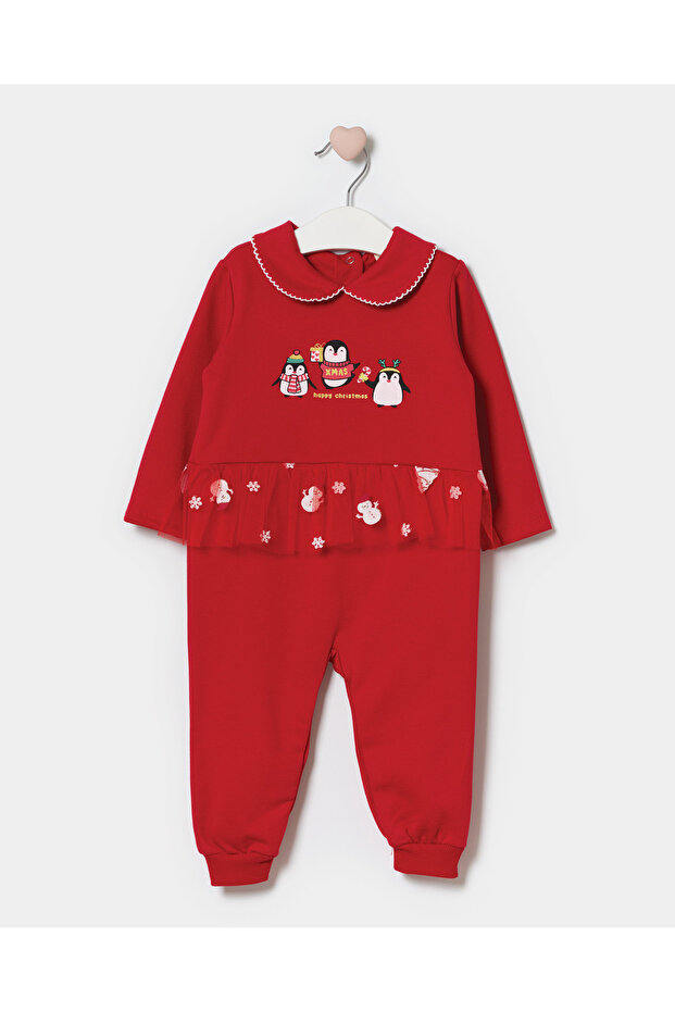 Penguin Printed Baby Christmas Outfit Tulle Jumpsuit Red