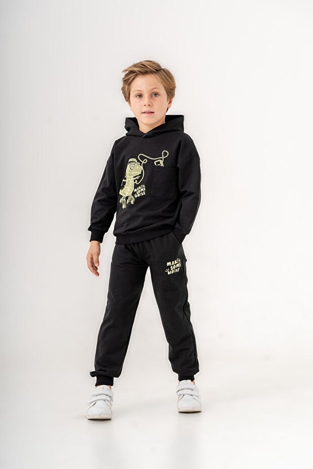 Dinosaur Make Some Noise Printed Leg Print Detailed Hooded Boy's Bottom Top Tracksuit Set
