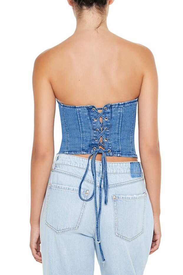 Straplez Yaka Denim Bluz - 5