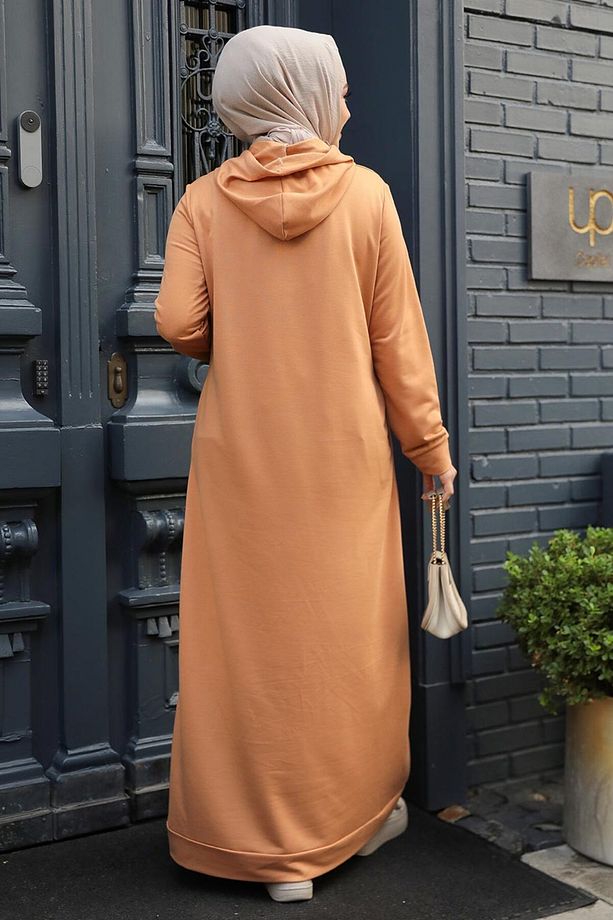 Kapşonlu Camel Tesettür Elbise 50421C - 3