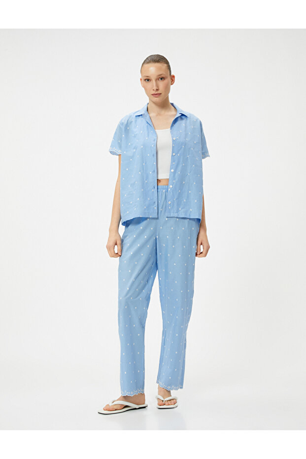 Cotton Pajama Bottoms with Flat Legs and Elastic Waist, Embroidered