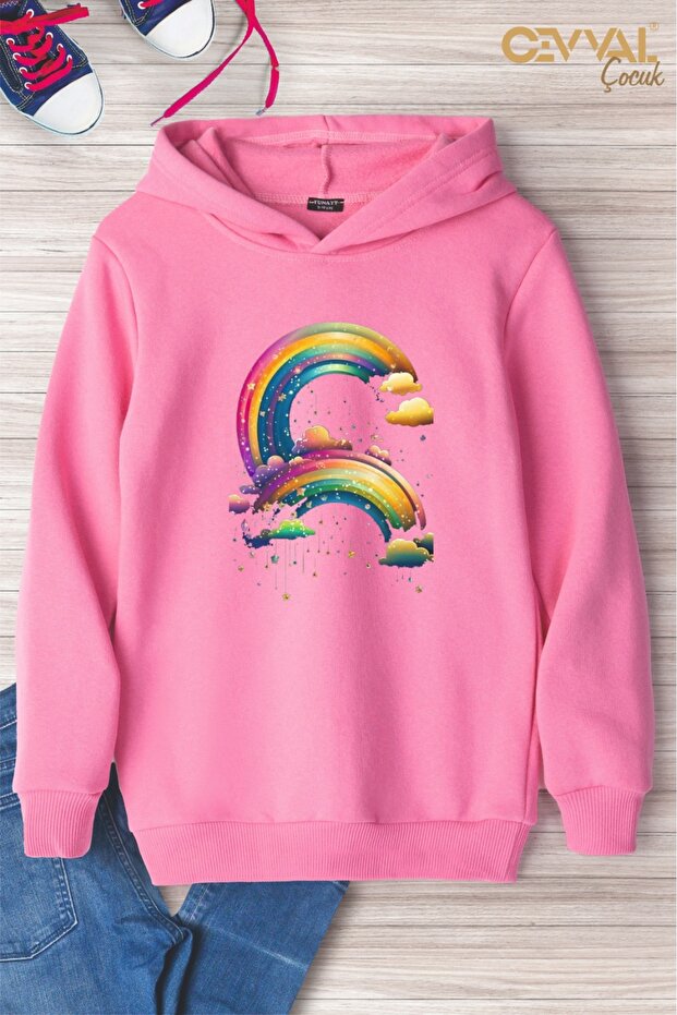 Rainbow Printed Hooded Oversize Children's Sweat Shirt
