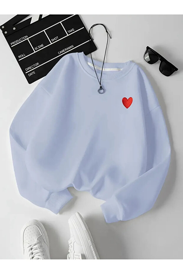 Heart Printed Oversize Ribbed Crew Neck Sweatshirt