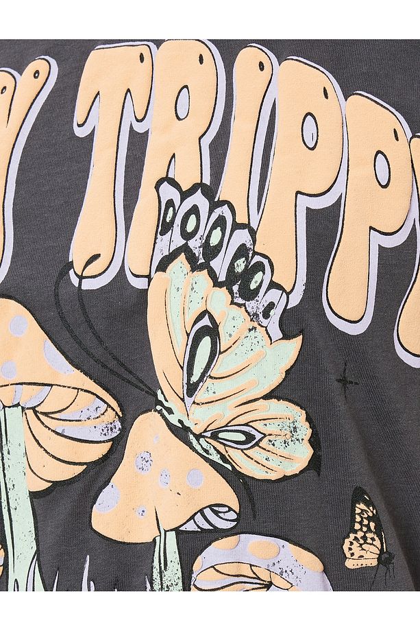 Oversize Tişört Kısa Kollu Slogan Baskılı Bisiklet Yaka Pamuklu - 6
