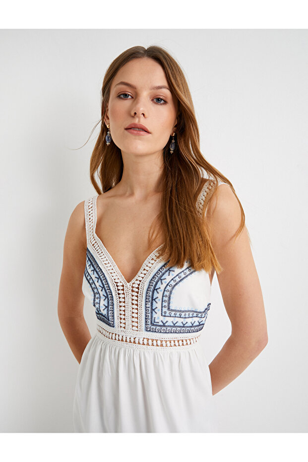 Midi Dress with Straps, Heart Collar, Crochet Detail, Viscose Blend