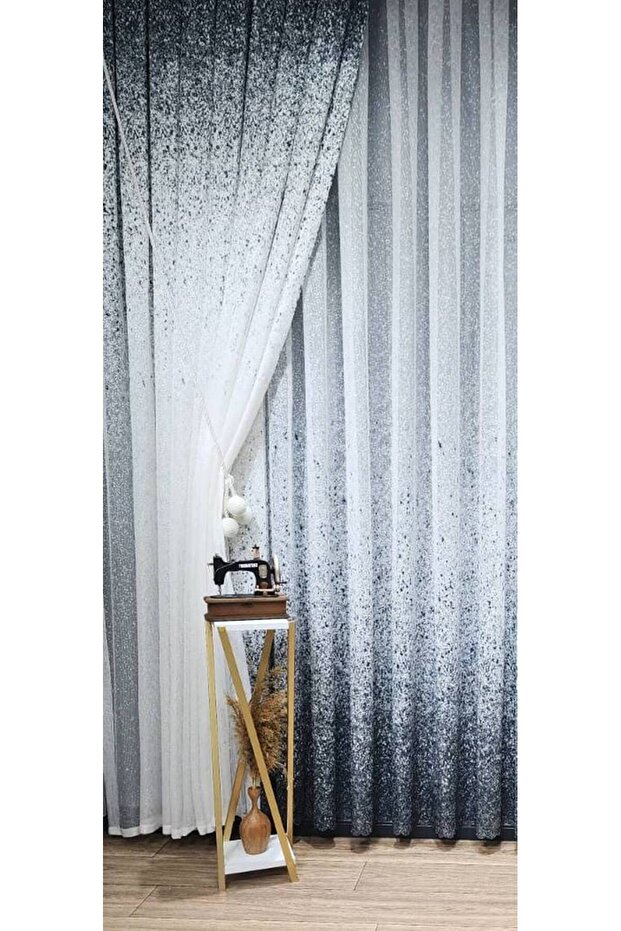 Gray Anthracite Smoked Color Transitional Sprinkled Single Wing Tulle Background Curtain Left