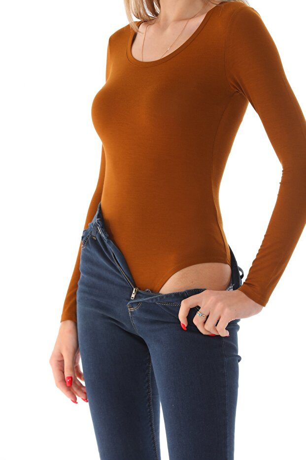 Women's Viscose Low-cut Collar Bodysuit with Snap Fasteners - Brown