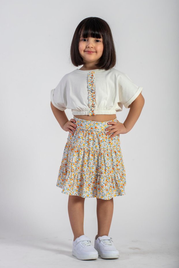 Yellow Color Girls' Skirt Set with Elastic Waist and Double Sleeves with Flowers