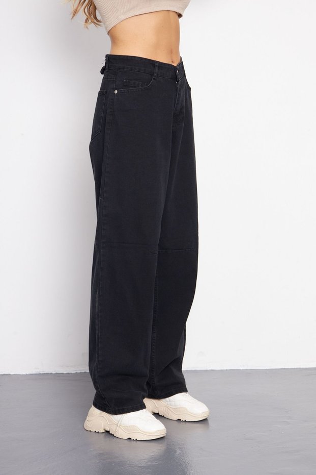 Black baggy wide leg oversized women's jeans with adjustable buckle waist