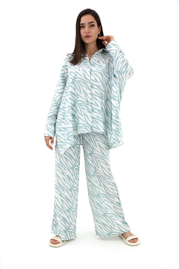 طقم مكون من قطعتين بنمط حمار وحشي من الأسفل والأعلى - أزرق - 2