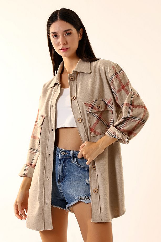 Kadın Kahve Kiremit Ekose Oversize Oduncu Gömlek - 1