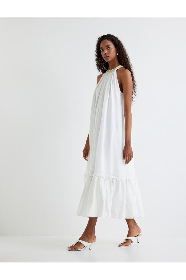 Halter Neck Long Dress with Ruffles and Beading Detail, Lined