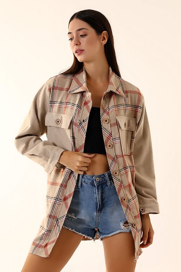 Kadın Kiremit Kahve Ekose Oversize Oduncu Gömlek - 4