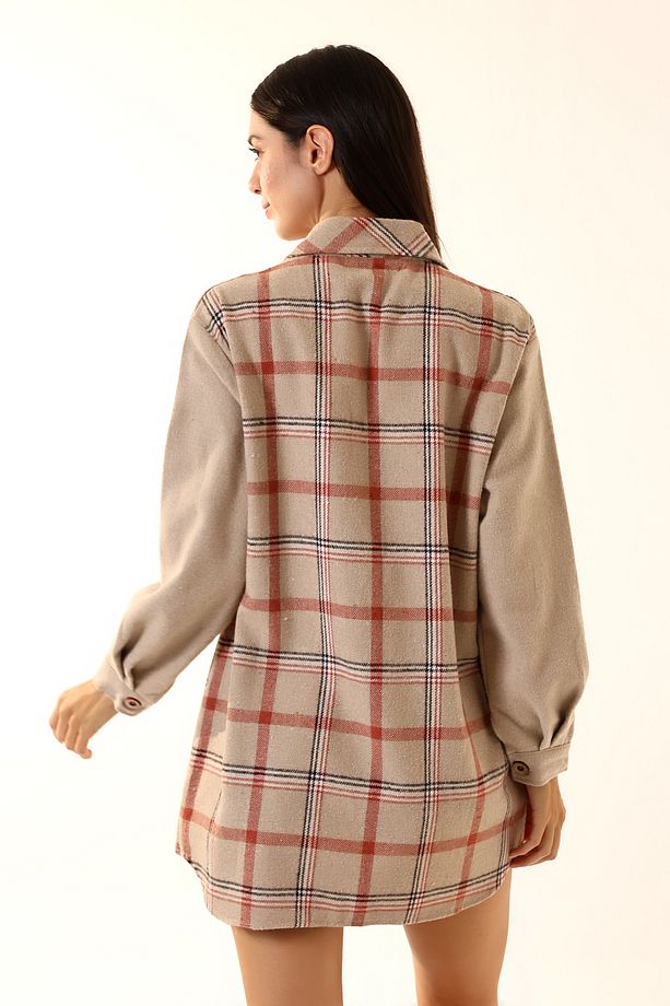 Kadın Kiremit Kahve Ekose Oversize Oduncu Gömlek - 8