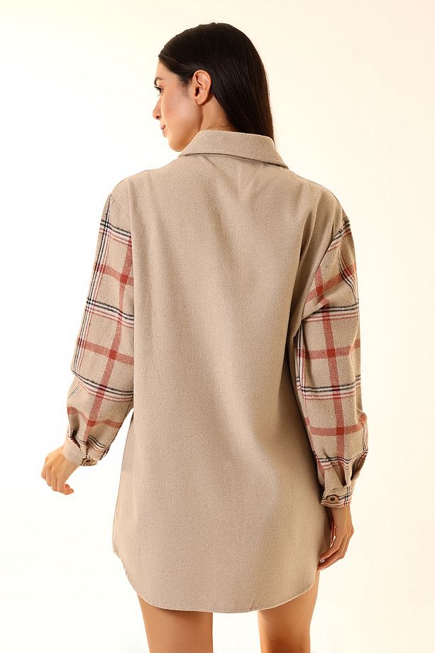 Kadın Kahve Kiremit Ekose Oversize Oduncu Gömlek - 8