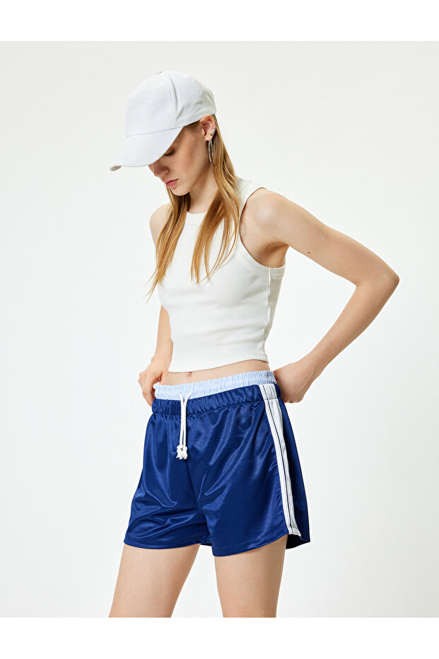 Shiny Pique Fabric - Mini Shorts, Double Waist and Laces, Color Block
