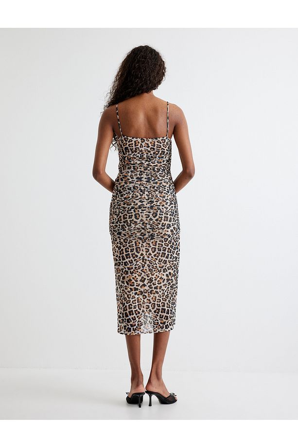 Leopar Elbise Midi İp Askılı Drapeli - 4