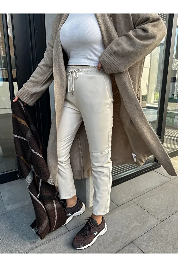 Ekru Jogger Deri Pantolon - 1