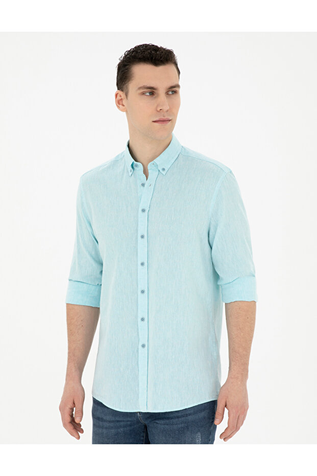 Light Blue Linen Blend Regular Fit Long Sleeve Shirt 50284168 -Vr007