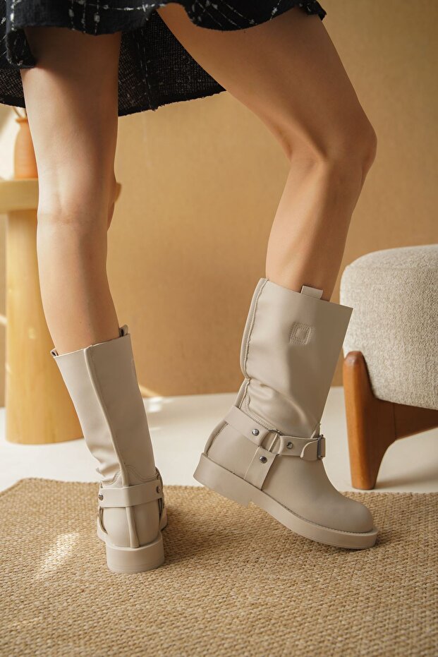 Kadın Esley Düz Tabanlı Tokalı Bot - Ten Deri - 6