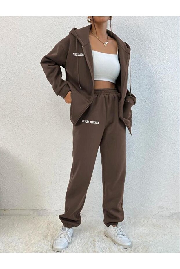Női 3 szálas barna Sierra Nevada nyomtatott kardigán Jogger oversize tréningruha szett - 1