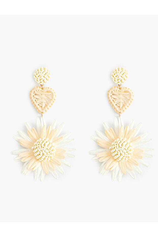Straw Earrings - Floral Pattern, Heart Detail and Dangle