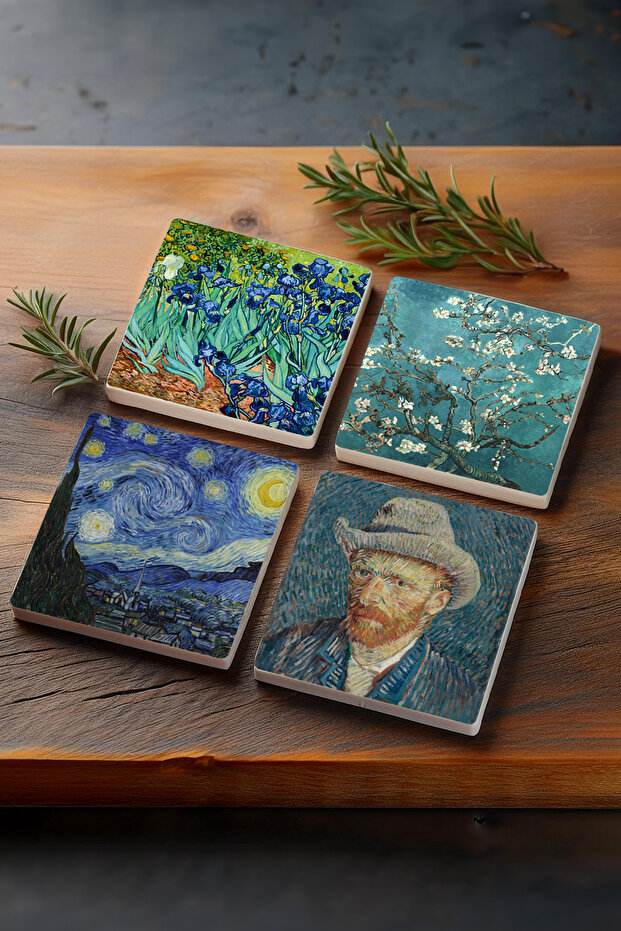 Van Gogh Irises, Starry Night, Almond Tree, Self-Portrait Stone Coasters Set of 4 10x10cm