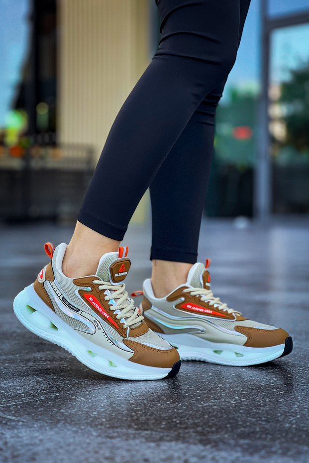 Women's Tan Lace-Up Transparent Sole Orthopedic Very Comfortable Lightweight Sneaker Stylish Daily Walking Sneakers