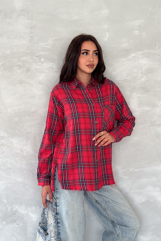 Kadın Ekose Desen Tek Cepli %100 Pamuk Oversize Gömlek ( 1 Beden Ufak Alınız ) - 4