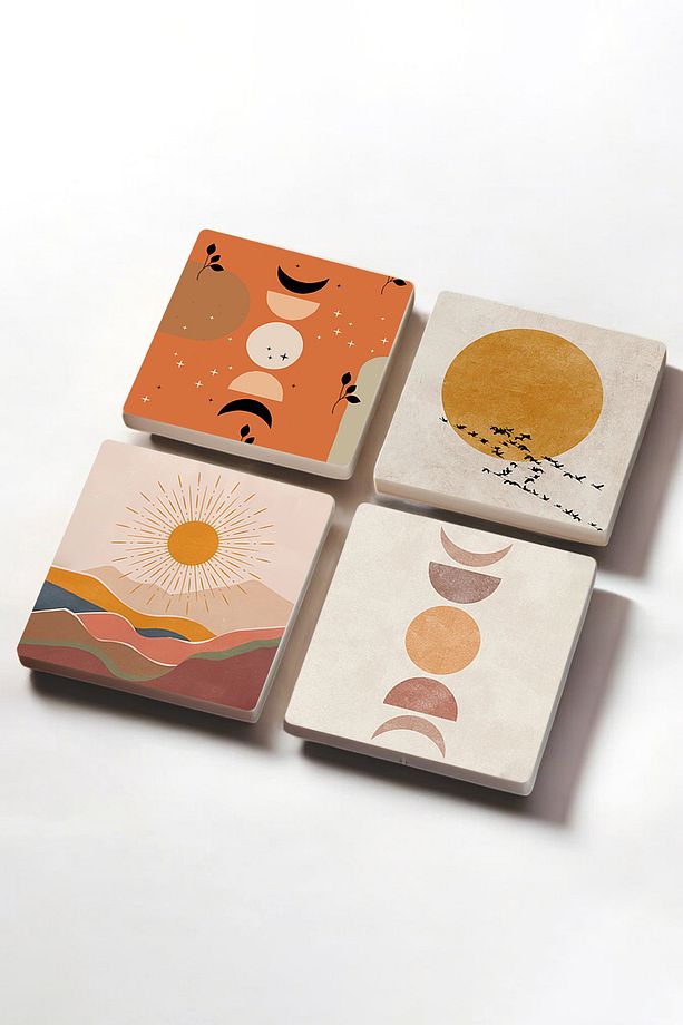 Minimalist, Bohem, Soyut Taş Bardak Altlığı Masaüstü Koruyucu Altlık 4'lü Set 10x10cm Sc260 - 2
