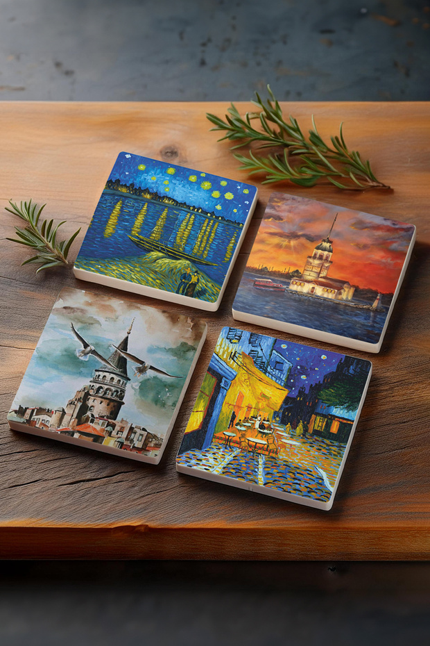 Van Gogh Rhine River, Night on the Cafe Terrace, Istanbul Galata Tower, Maiden's Tower Stone Coasters Set of 4