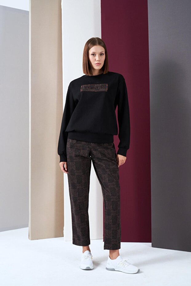 Women's Crew Neck Plaid Trousers Double Set