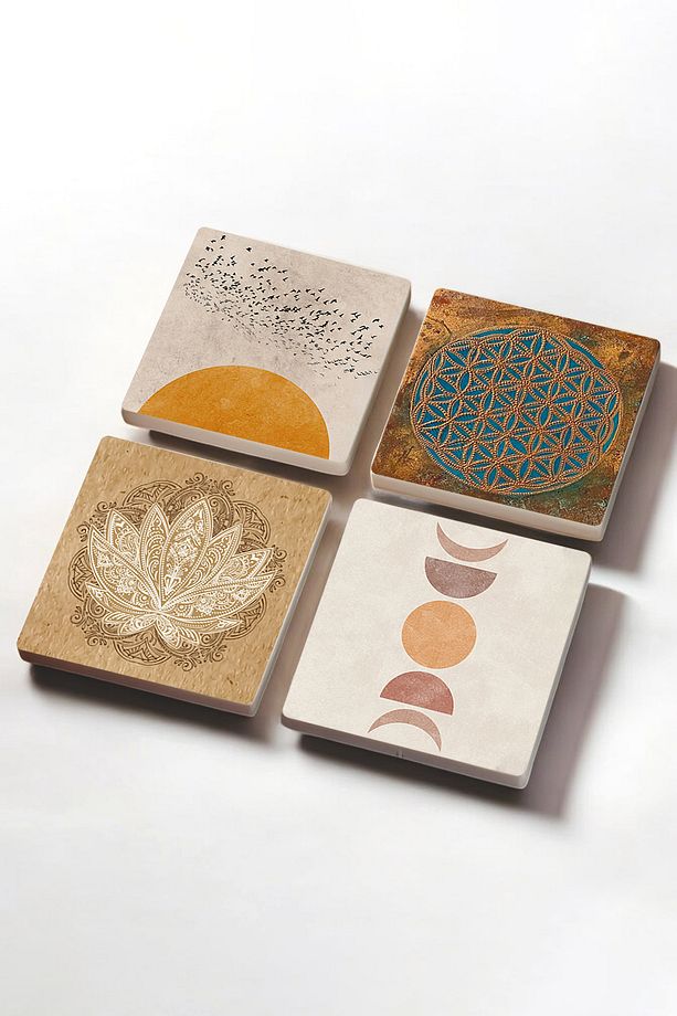 Minimalist, Yaşam Çiçeği, Soyut, Lotus Çiçeği Taş Bardak Altlığı Koruyucu Altlık 4'lü Set 10x10cm - 2