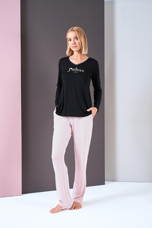 Women's V-Neck Polka Dot Printed Long Sleeve Pajama Set
